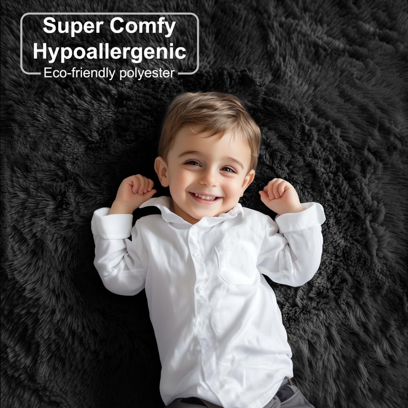 PAGISOFE Black Fluffy Shag Area Rugs for Bedroom 5x7, Soft Fuzzy Shaggy Machine Washable Rugs for Living Room,Plush Nursery Rug Kids Room Furry Floor Rug Boys Carpet for Teen Dorm Black Room Decor - Image 2